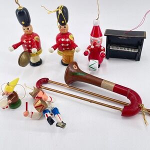 Vintage Wooden Christmas Ornament Music Set Druns Symbols Piano Trombone Taiwan